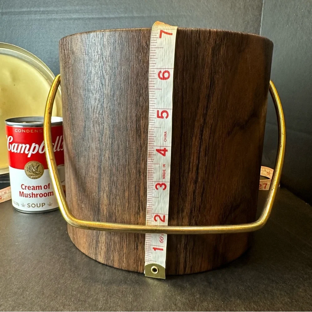 Vintage MCM Ice Bucket Faux Wood Grain Vinyl w/Lid Mid Century Barware 70s USA